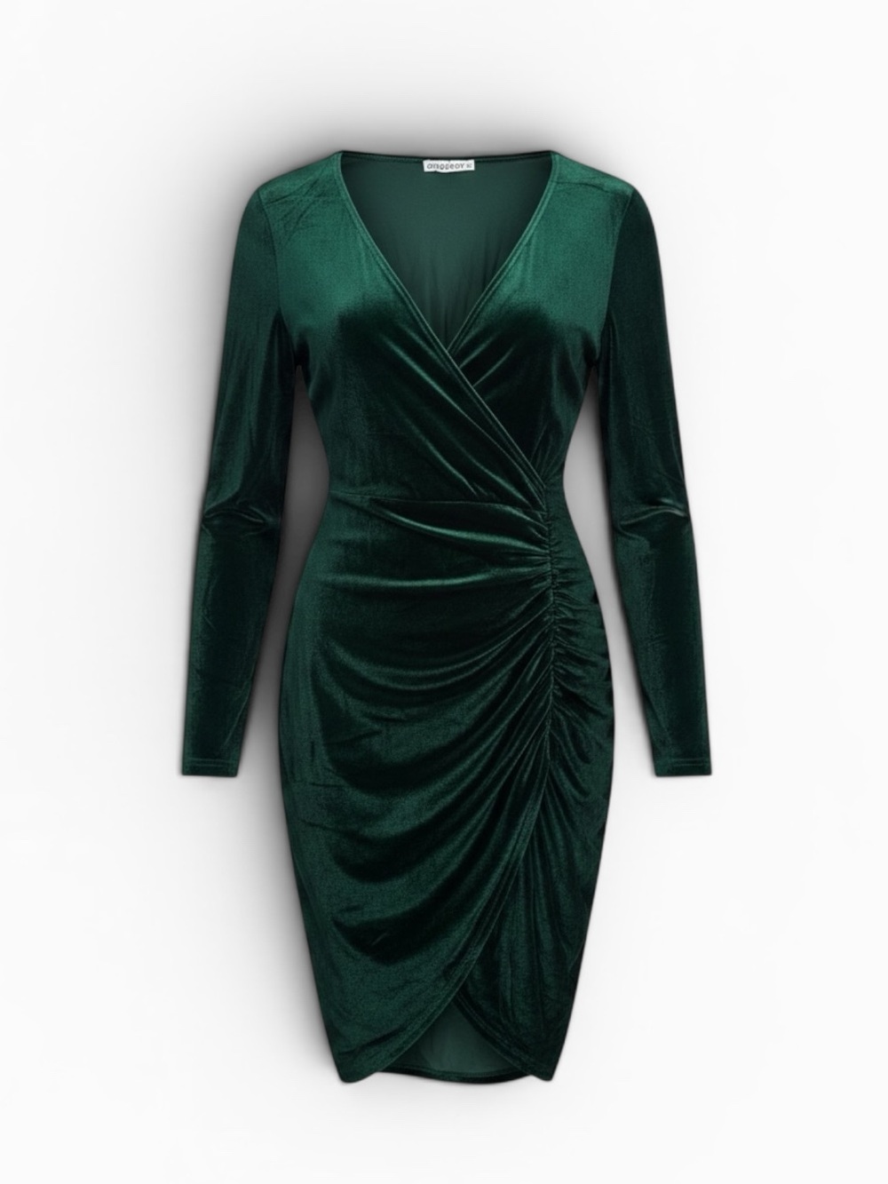 Guberry Emerald Green Velvet Ruched Faux Wrap Dress